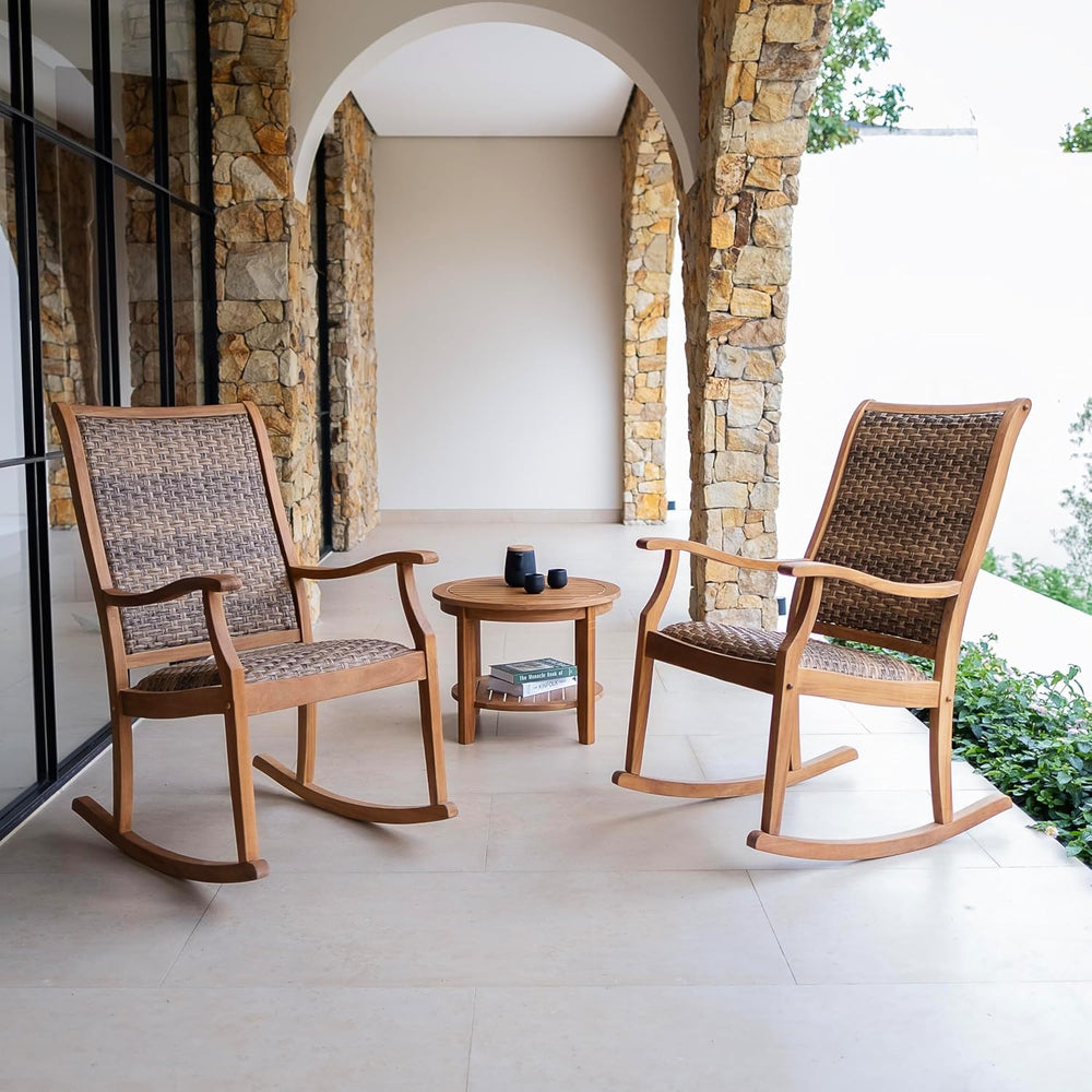 Cambridge Casual Dunham Teak Porch Rocking Chair Brown Wicker, Padded Woven S...