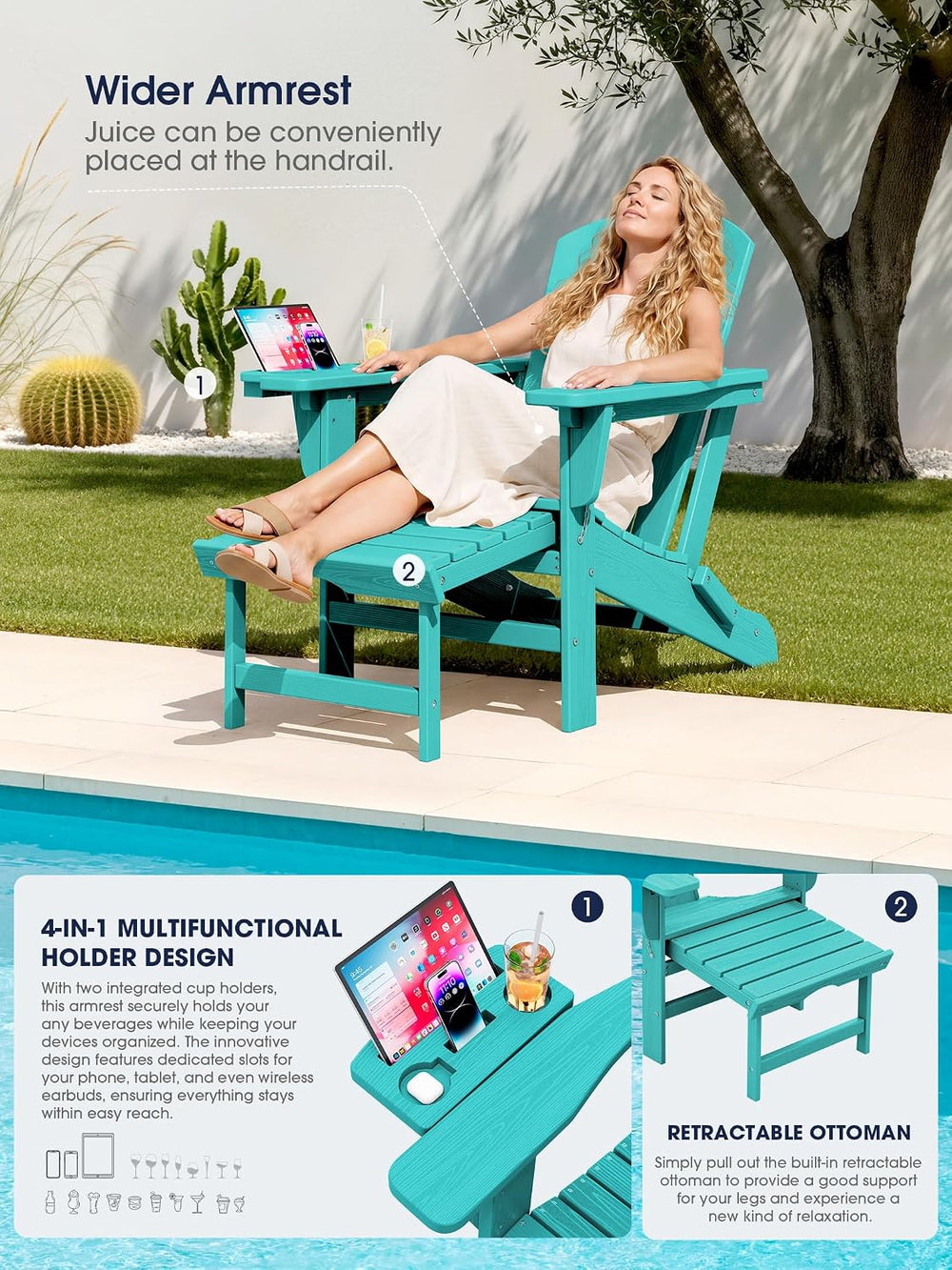 KINGYES Adjustable Folding Adirondack Chair with Footrest & 4-in-1 Multi-...