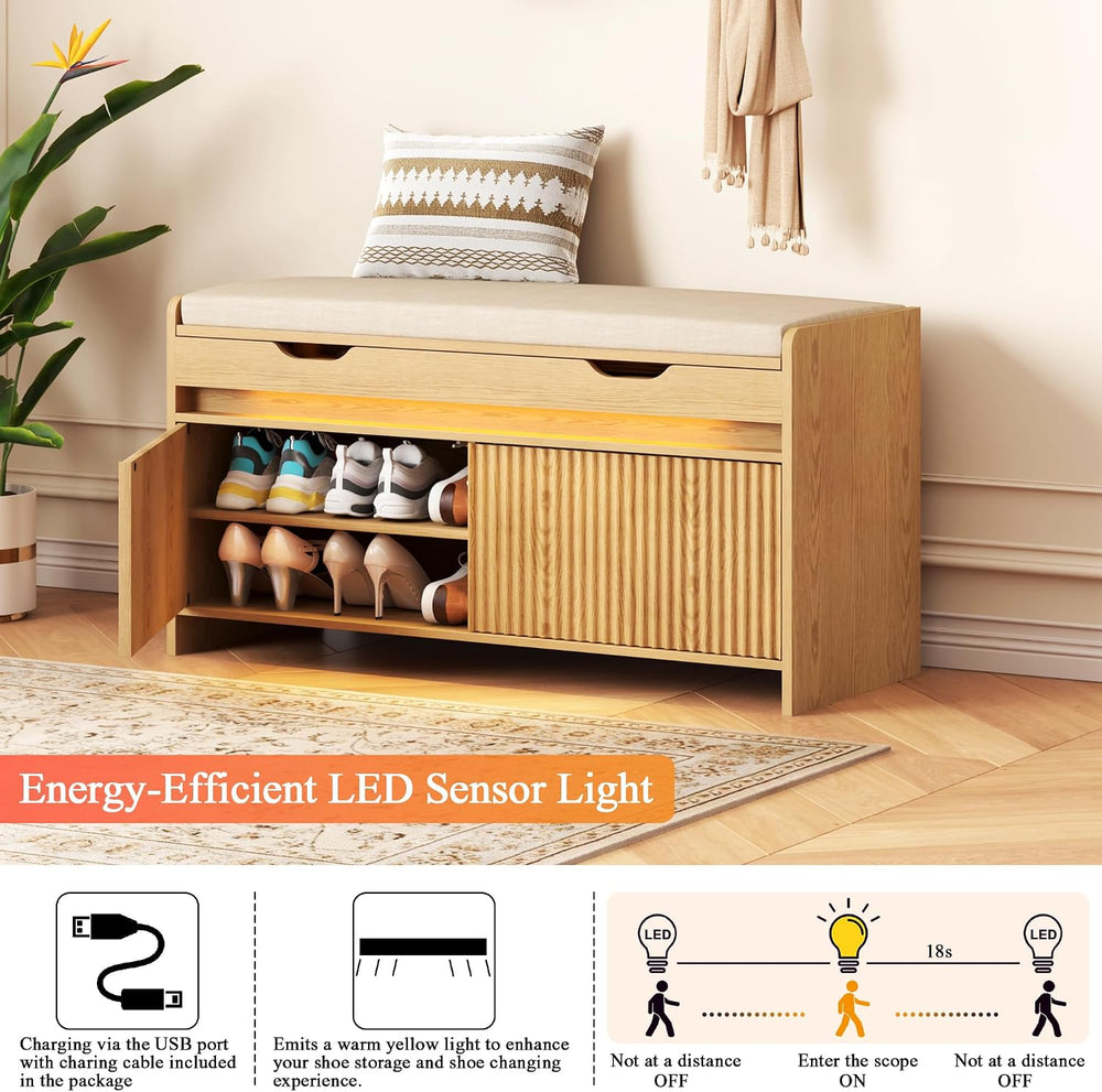 HOMEFORT Shoe Storage Bench, Modern Entryway Bench with Fluted Doors & Bu...