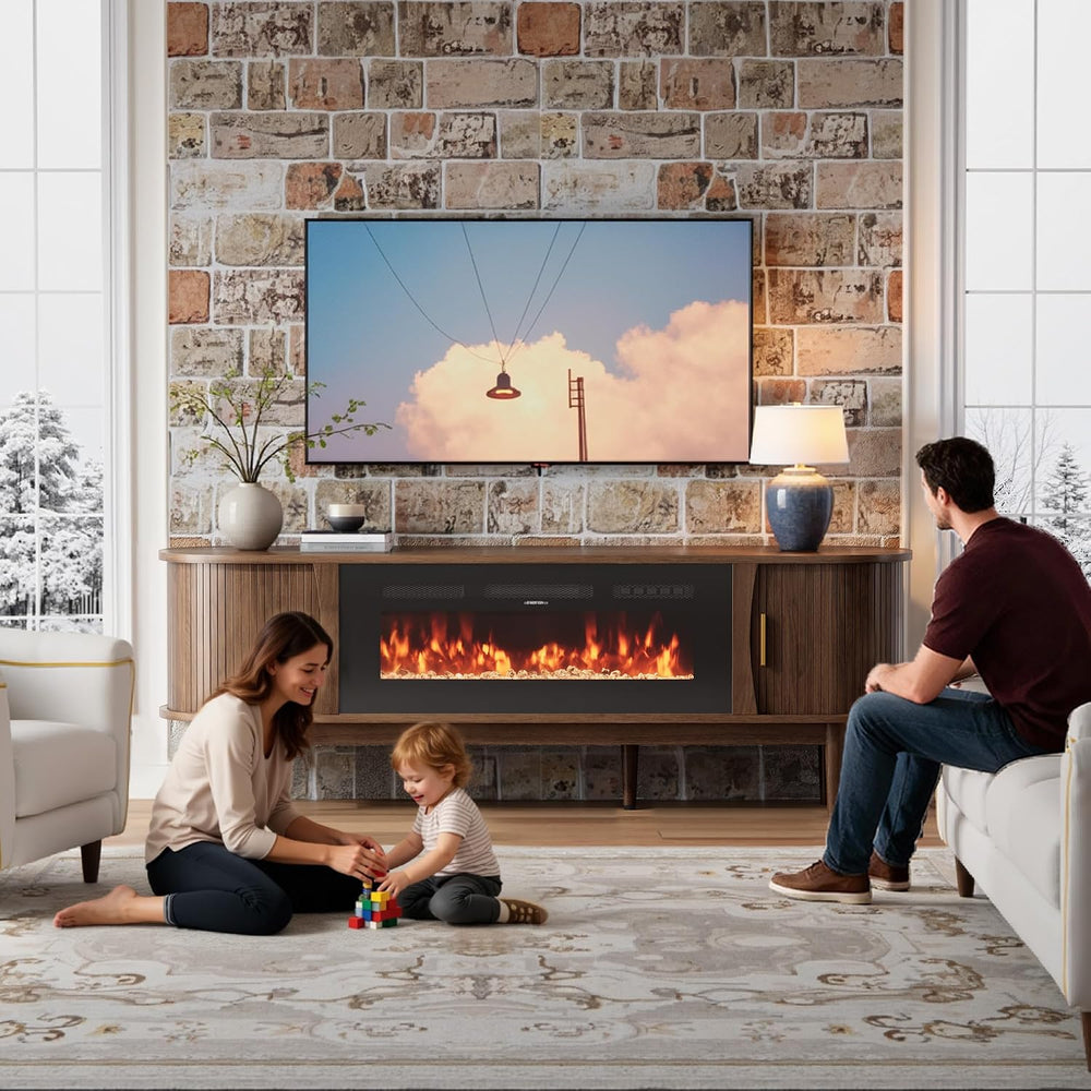 Decofy 70″ Fluted Fireplace TV Stand for 80″ TVs, Entertainment Center with F...
