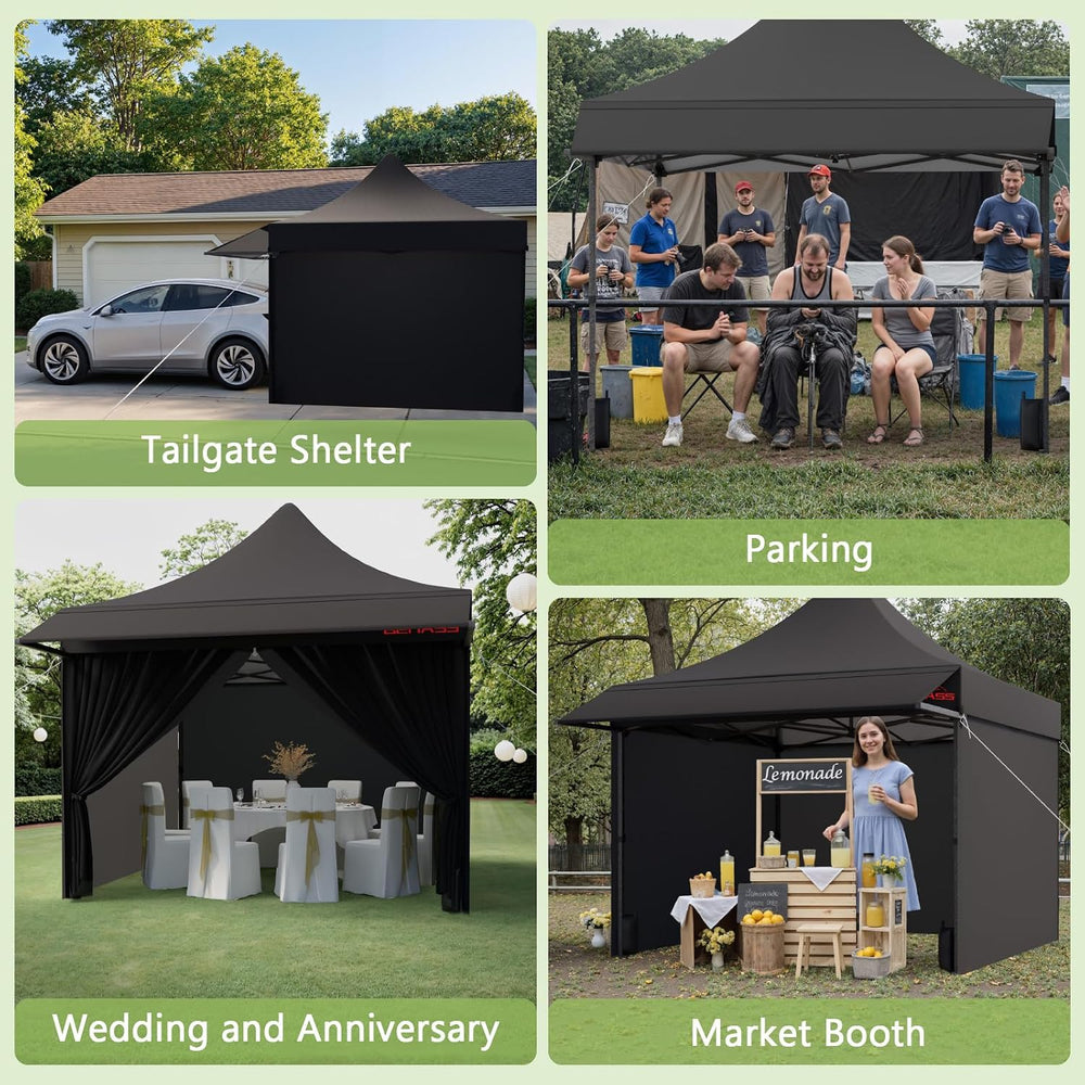 10x10 Heavy Duty Pop Up Canopy Tent with Awning and Sidewalls, Black