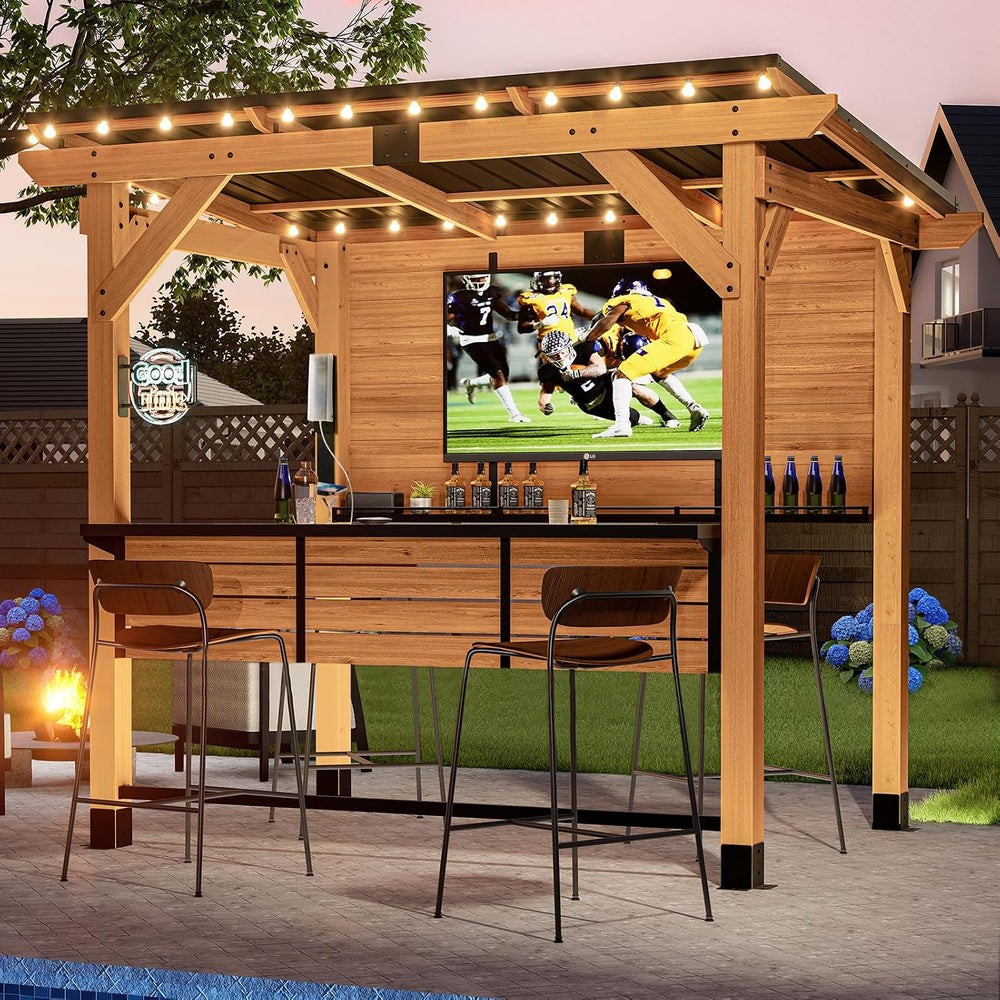 6x8FT Cedar Wood Outdoor Bar Gazebo with Built-in Power Outlet & TV Mount...
