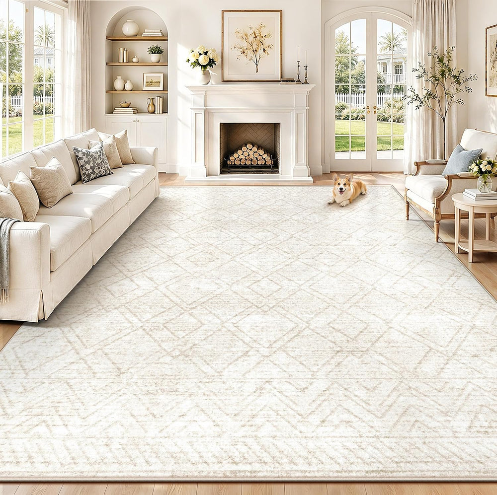 Area Rugs 8x10 Living Room Rug: Washable Geometric Neutral Rugs Boho Modern N...