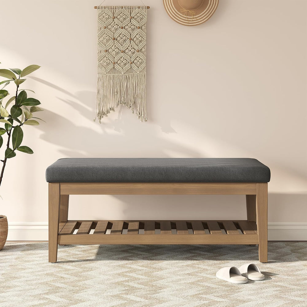 Apicizon 45" Shoe Rack Bench with Upholstered Cushion, Solid Rubberwood ...