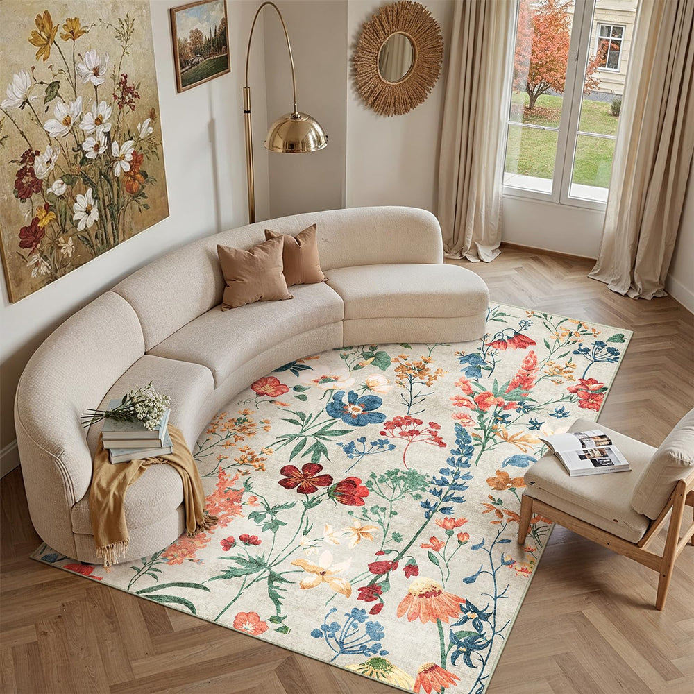 PureCozy Washable Floral Area Rug 6x9 for Living Room Vintage Beige Carpet