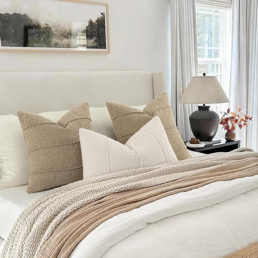 YCOLL Textured Boucle Throw Pillow Covers 24x24 Pack of 2 - Soft Neutral Stri...
