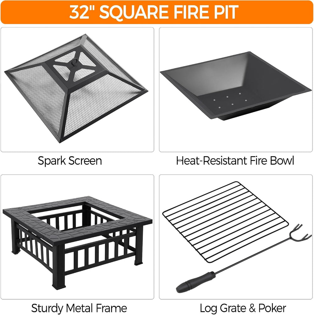 Yaheetech Multifunctional Fire Pit Table 32in Square Metal Firepit Stove