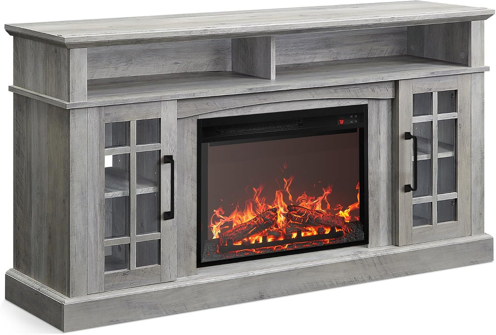 BELLEZE Astorga 58" TV Stand with 23" Electric Fireplace - Grey Wash