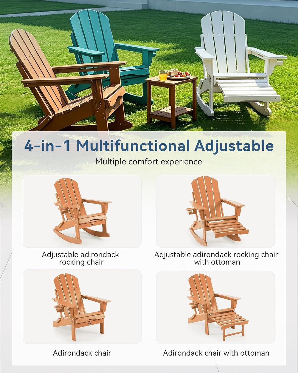 Adjustable Adirondack Rocking Chair with Retractable Ottoman, 4-in-1 Multifun...
