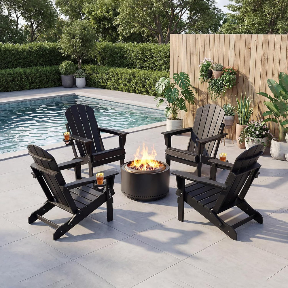 HDPE Folding Adirondack Chair, Outdoor Patio Chair with Cup Holder, Weather R...