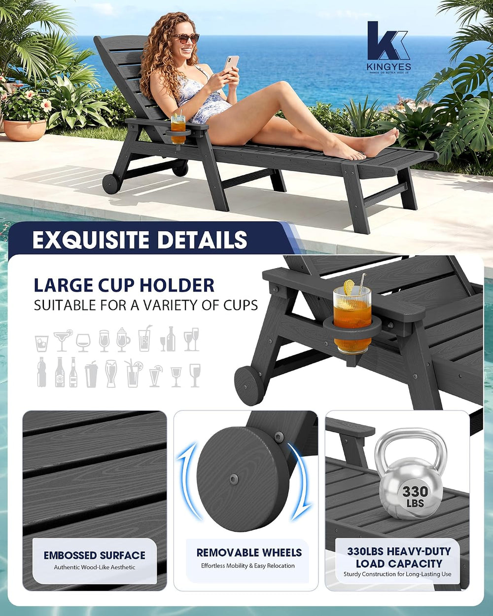 KINGYES HDPE Lounge Chair Outdoor Set of 2, All Weather Pool Lounger