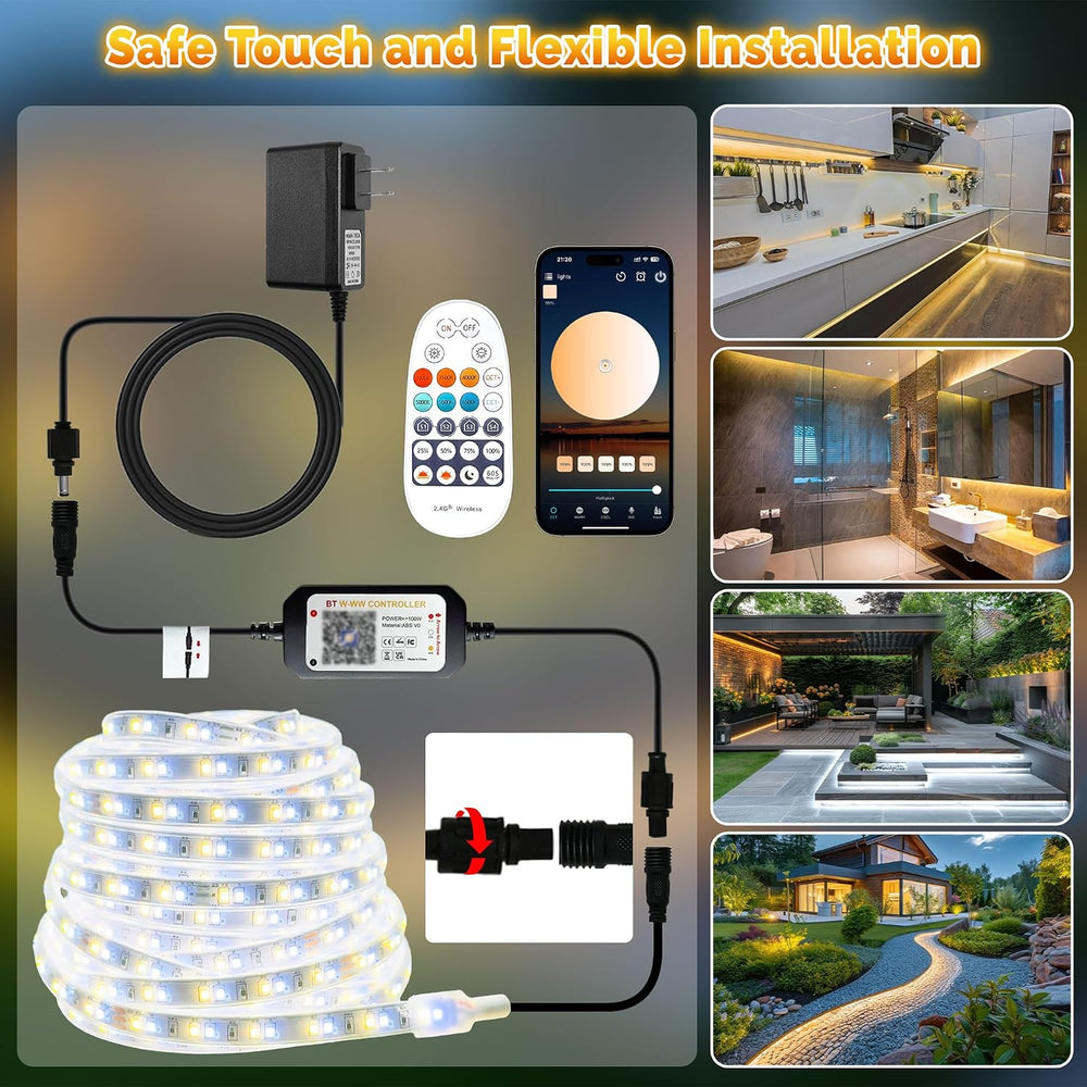 100FT Outdoor LED Strip Lights Waterproof IP67, Dimmable 3000K-6500K Warm Whi...