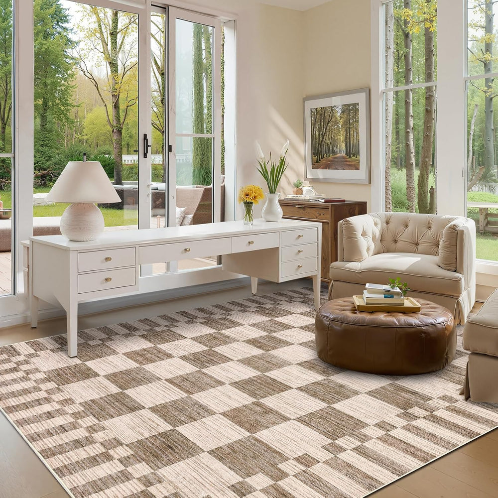 GarveeHome Brown Checkered Rug 5x7 Area Rugs Washable Living Room 5x7 Rug