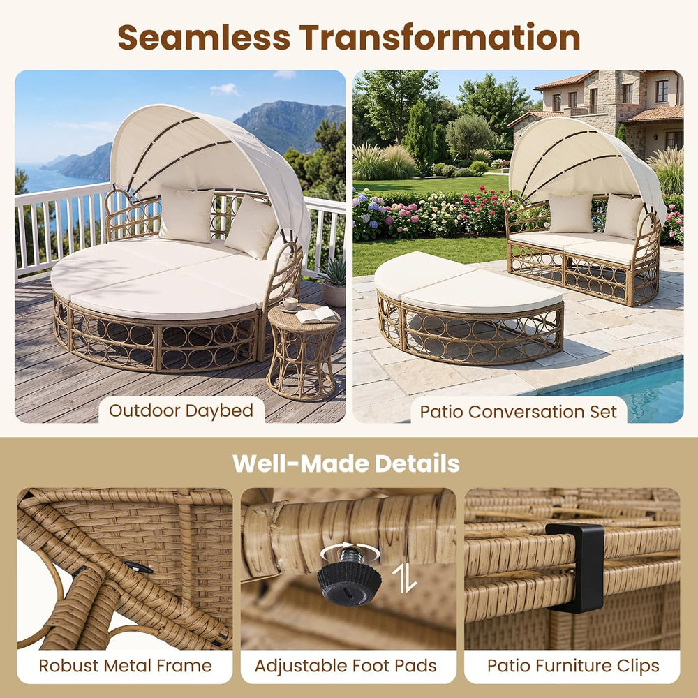 Tangkula Round Outdoor Patio Daybed with Retractable Canopy & Cushions