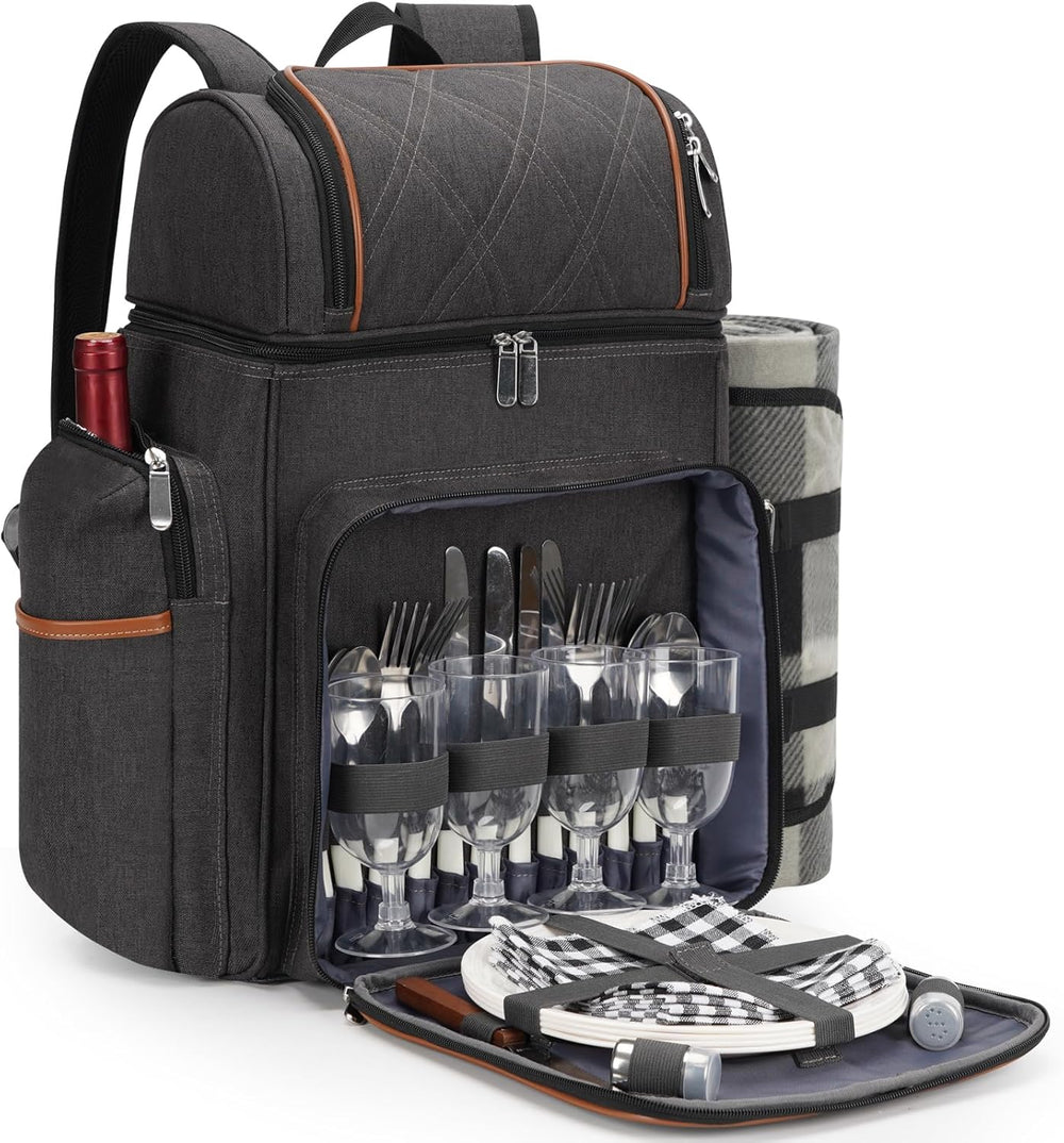 Picnic Backpack for 4, Insulated Cooler Bag with Blanket, Brown