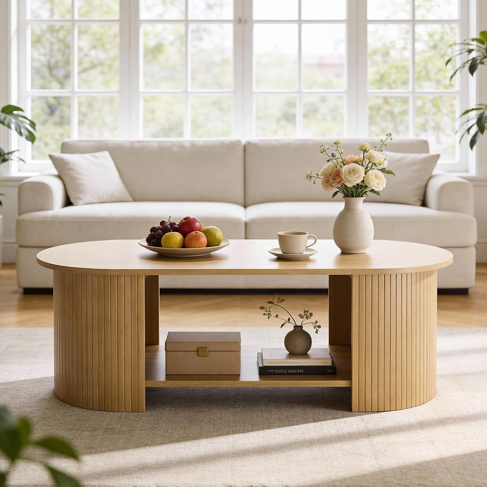 MXV Oval Fluted Coffee Table, 2-Tier Mid Century Modern Center Table, Tea Tab...