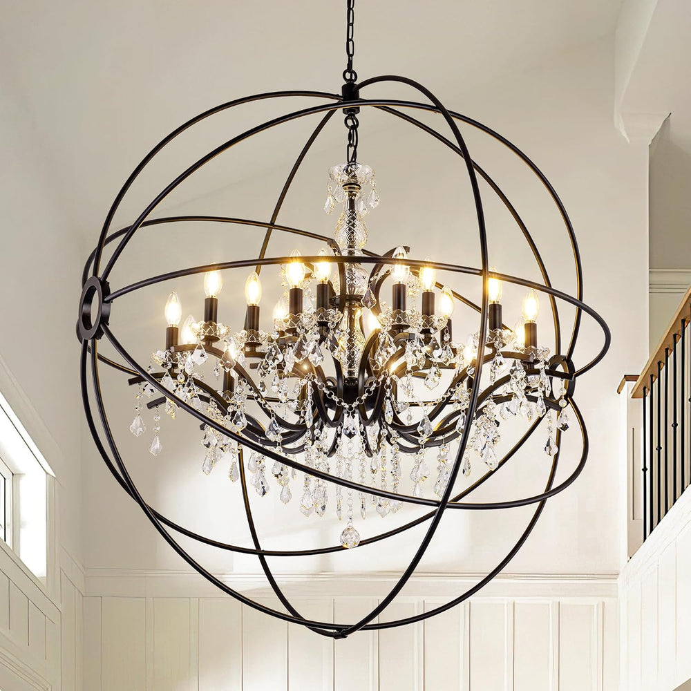 Wellmet Black Chandelier Light, Sphere Chandelier with Crystal for Foyer, Far...
