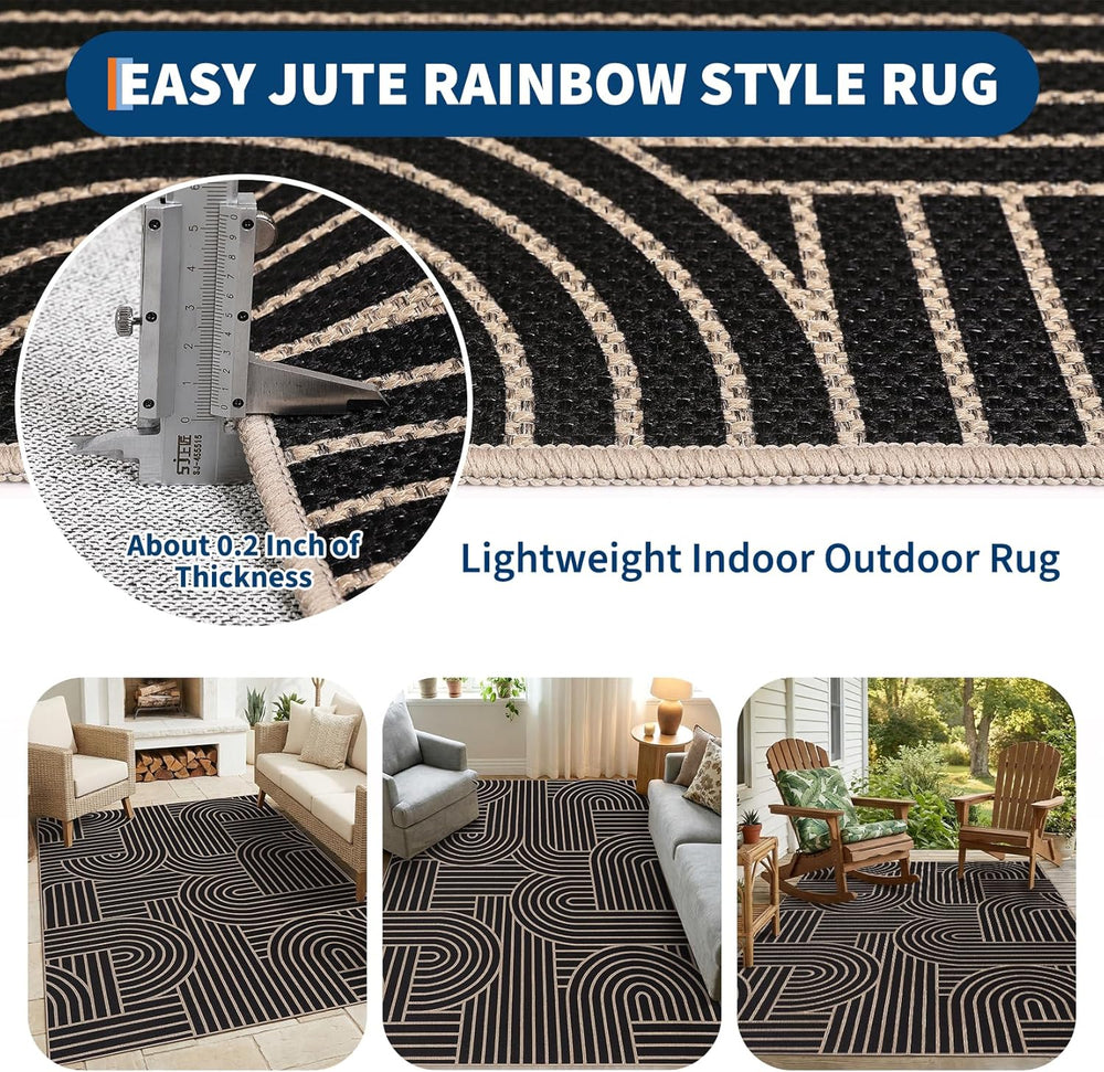 Garvee Outdoor Patio Rug 9x12 Easy Jute Geometric Living Room Rug, Black