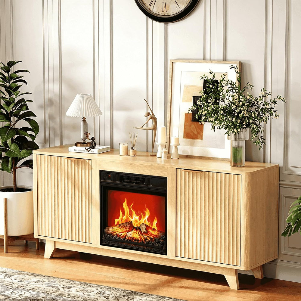 Bonnlo Fluted Fireplace TV Stand for TVs up to 70“, 58” TV Console, Oak