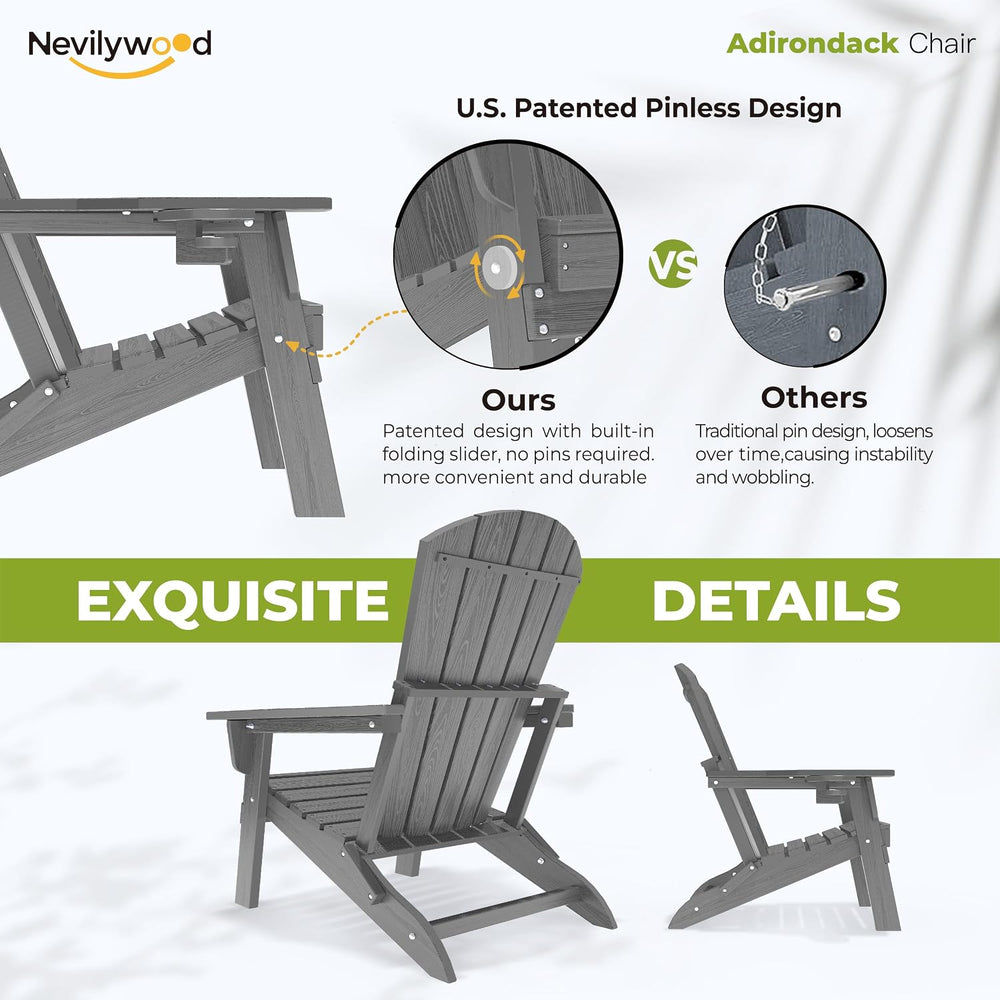 nevilywood Folding Adirondack Chairs Set of 2, HDPE Cup Holders, Grey