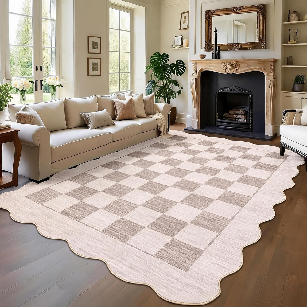 Garvee 8x10 Rugs for Living Room Scalloped Border Rug, Beige/Brown