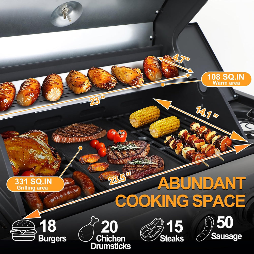 49000 BTU Propane Gas Grill, 4 Burner + Side Burner, Cast Iron Grids