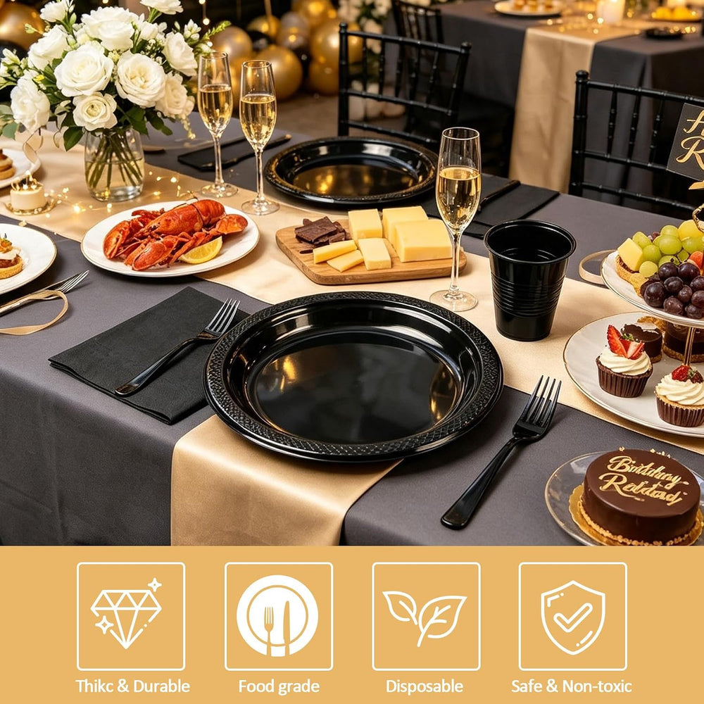200pcs Black Plastic Party Plates Set, Disposable Black Plates and Napkins fo...