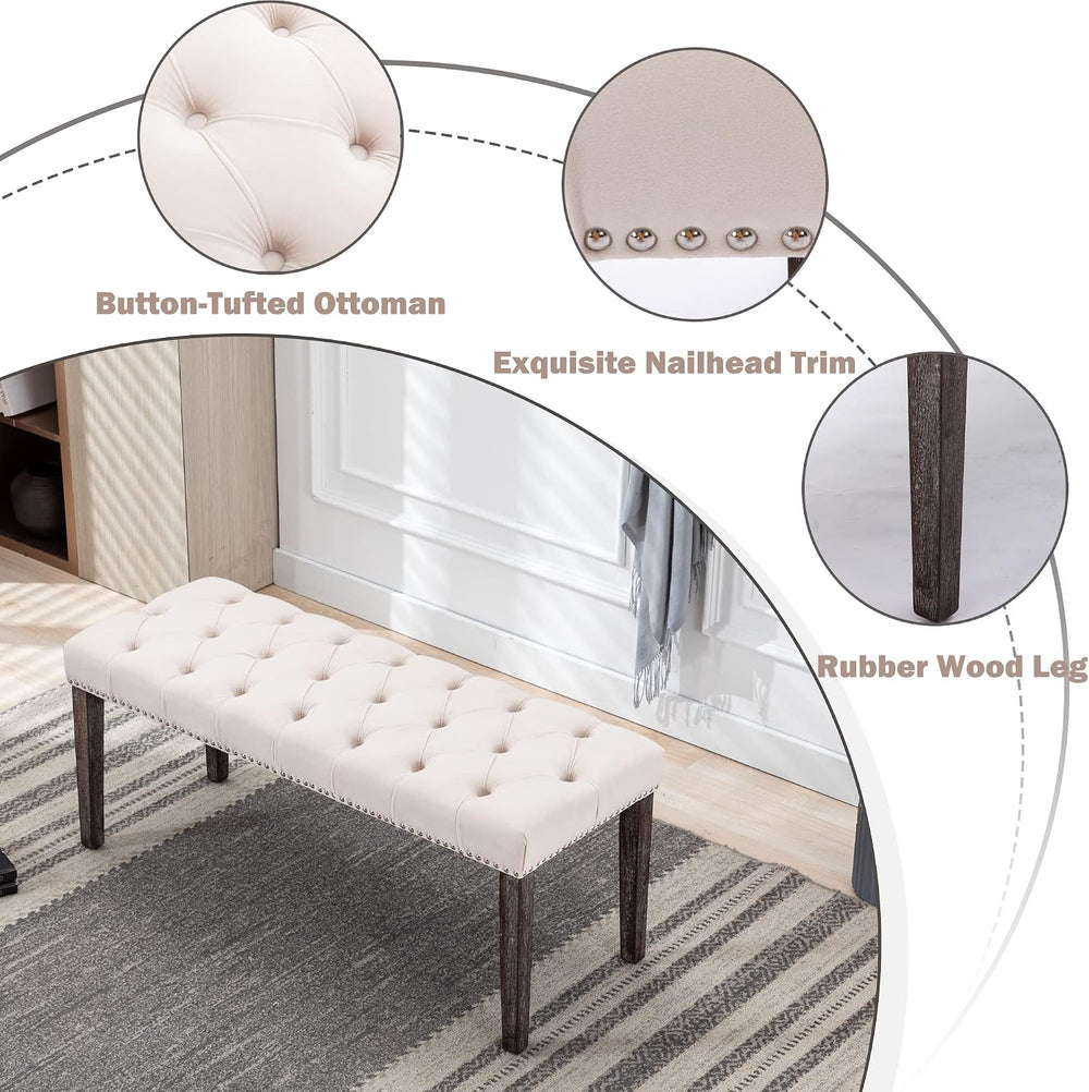 KCC Button-Tufted Ottoman Bench, Upholstered Velvet Bedroom Benches,Beige