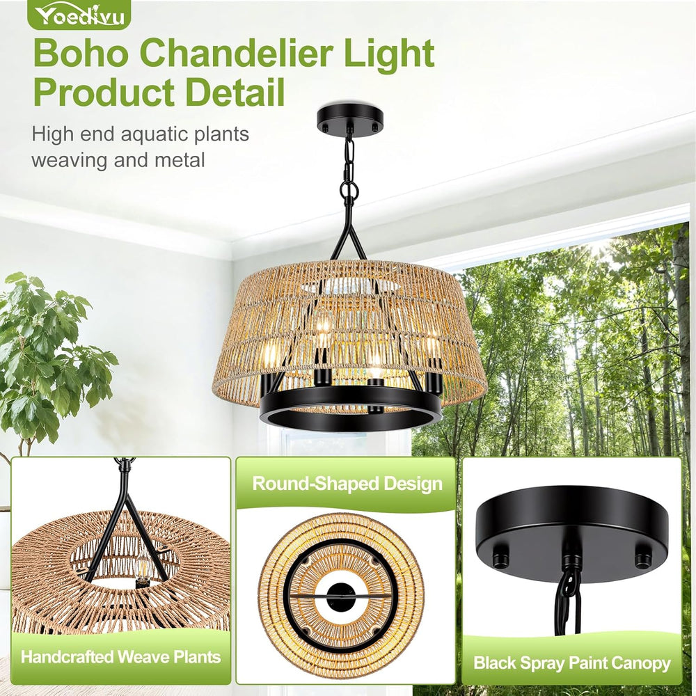 18 Inch 4-Light Boho Rattan Chandelier, Hand Woven Farmhouse Chandelier Ratta...