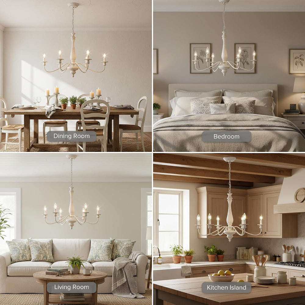 Farmhouse Chandeliers for Dining Room, 6-Light Distressed White French Countr...