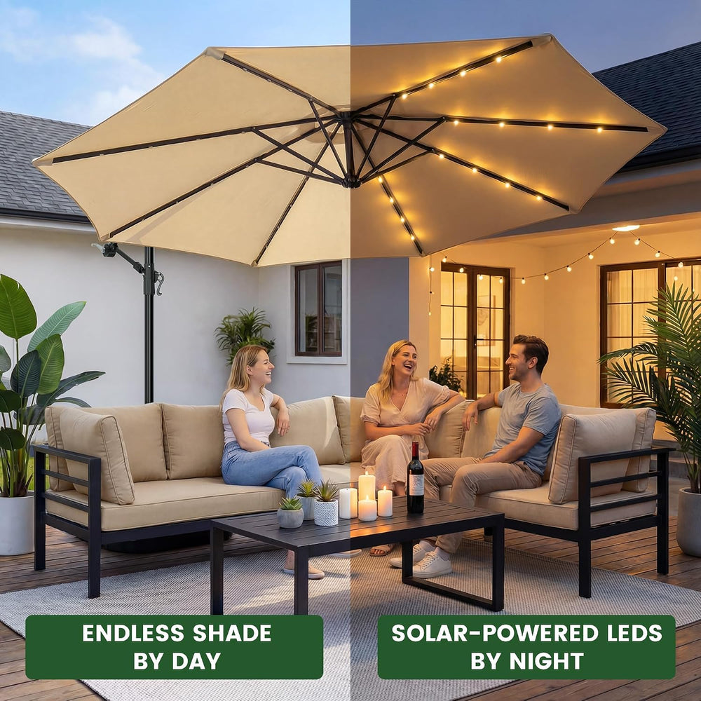 OLILAWN 10FT Patio Umbrella with Solar Lights and Base for Patio, Cream