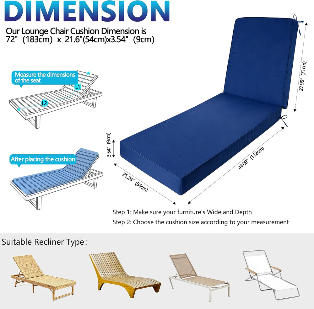 Chaise Lounge Cushions Outdoor 72x21x3.5 Inch, Waterproof and Fade Resistant ...