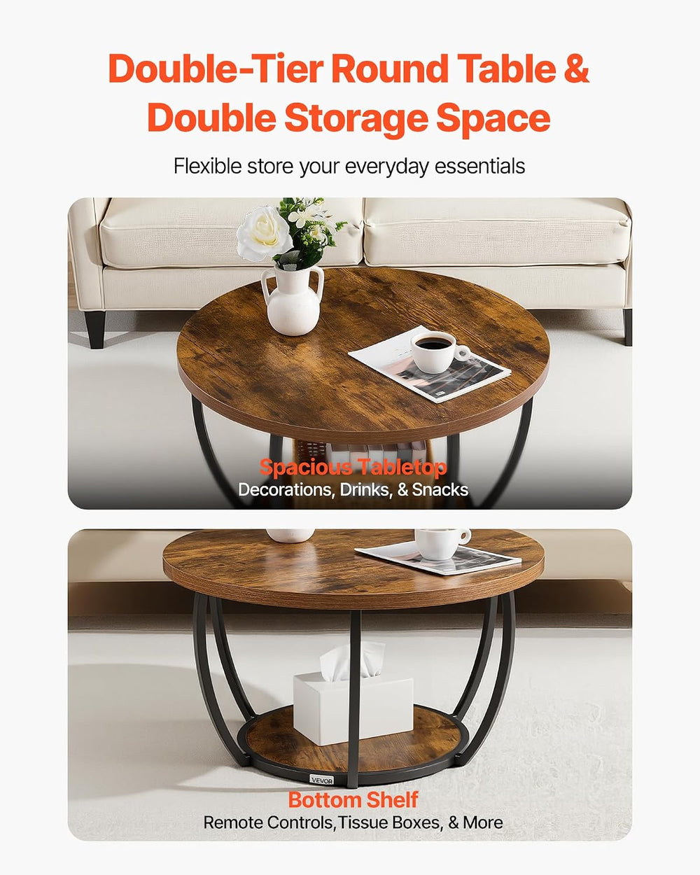 VEVOR Round Coffee Table, 31.5" Modern Coffee Table, 2 Tiers Wooden Circ...