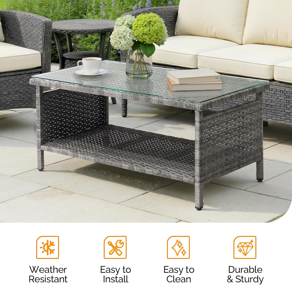 VINGLI Outdoor Wicker CoffeeTable Patio Coffee Tables for Outside, Tempered G...