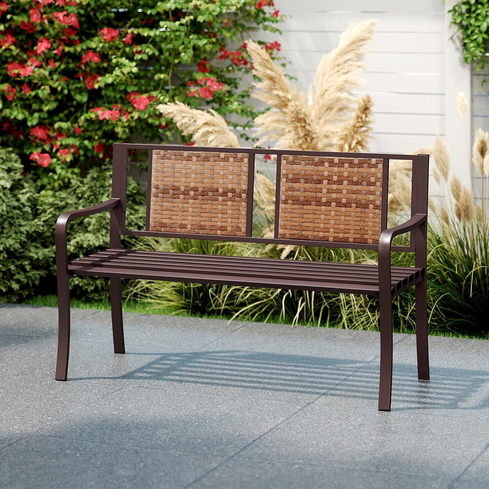 Giantex Outdoor Bench with PE Rattan Backrest, Curved Armrests, Slatted Seat ...