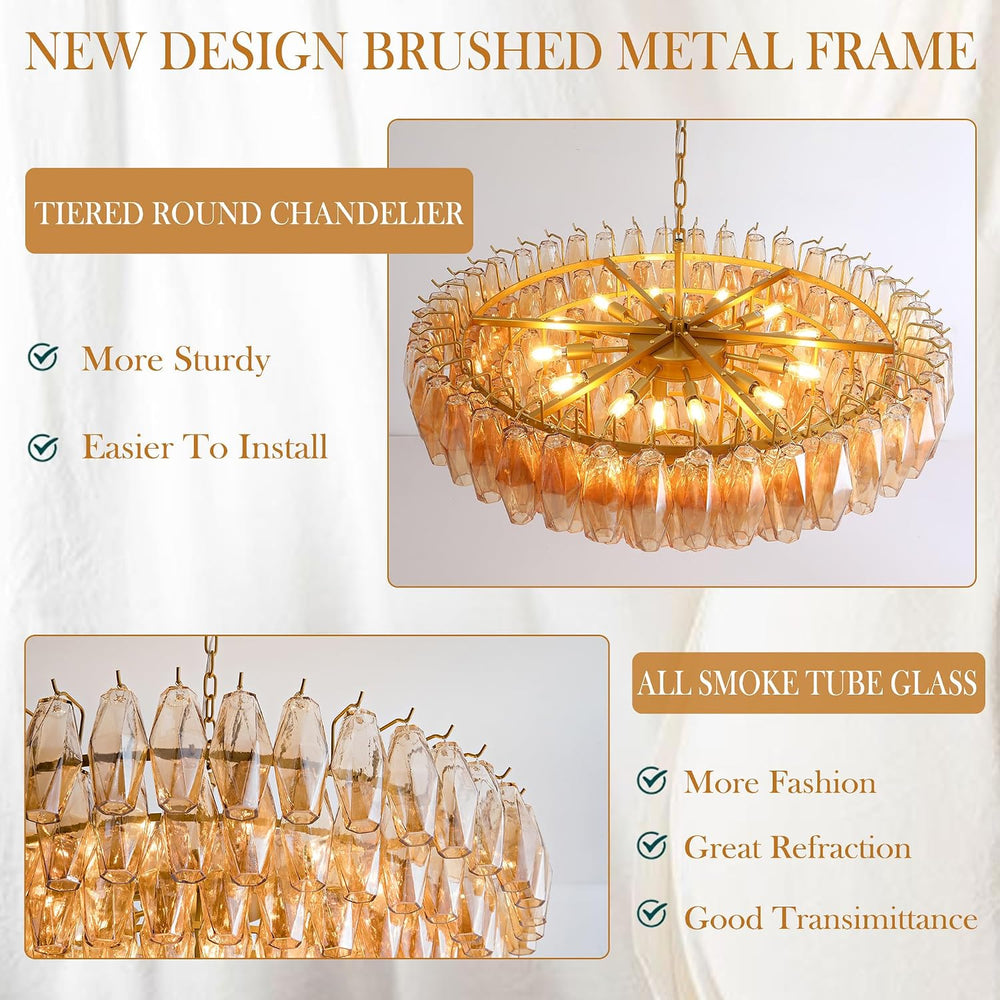 37" Extra Large Chandelier, 14-Light Gold Modern Round Chandelier for Li...
