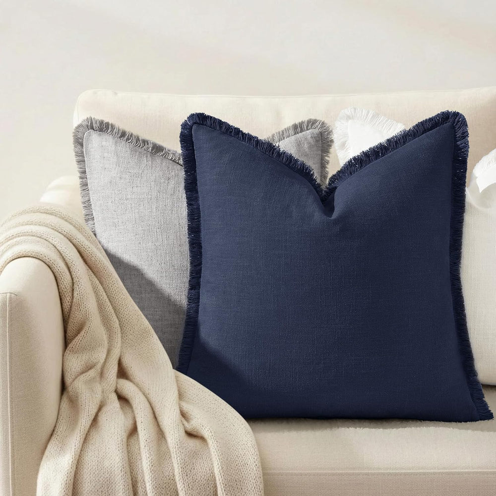 decorUhome Linen Fringe Navy Blue Throw Pillow Covers 18x18 Set of 2