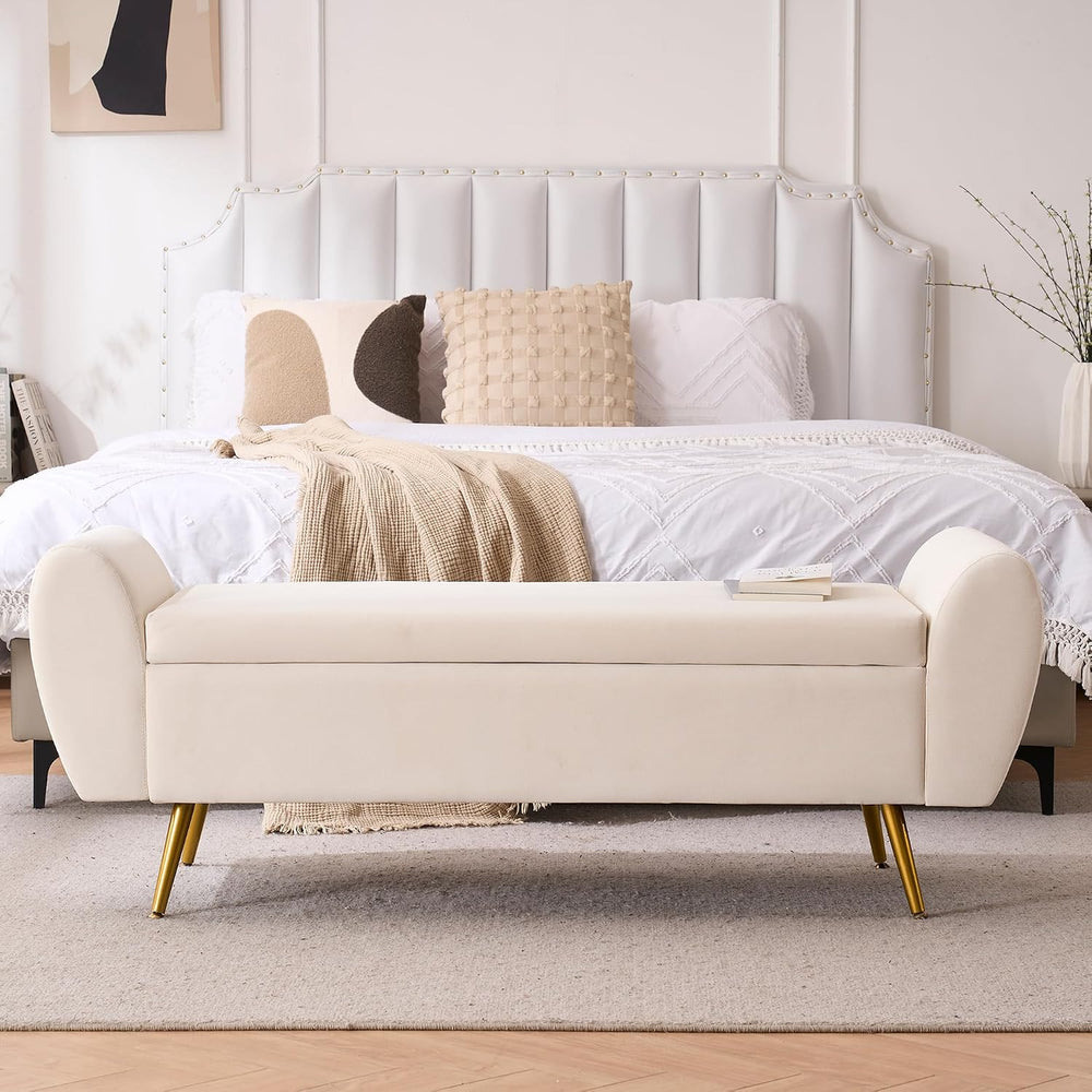 56" Storage Bench for Bedroom King Size Bed, Gold Legs, Velvet Ivory White