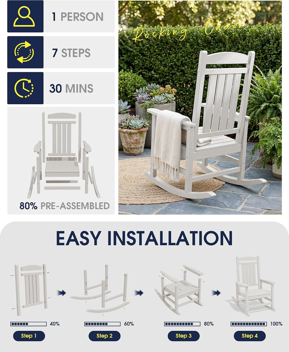 KINGYES Oversized Outdoor Rocking Chairs Set of 2, HDPE Porch Rocker, White