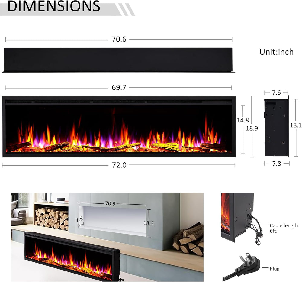 LegendFlame 72" W Smart Wall Mount & in Wall Recessed Electric Firep...