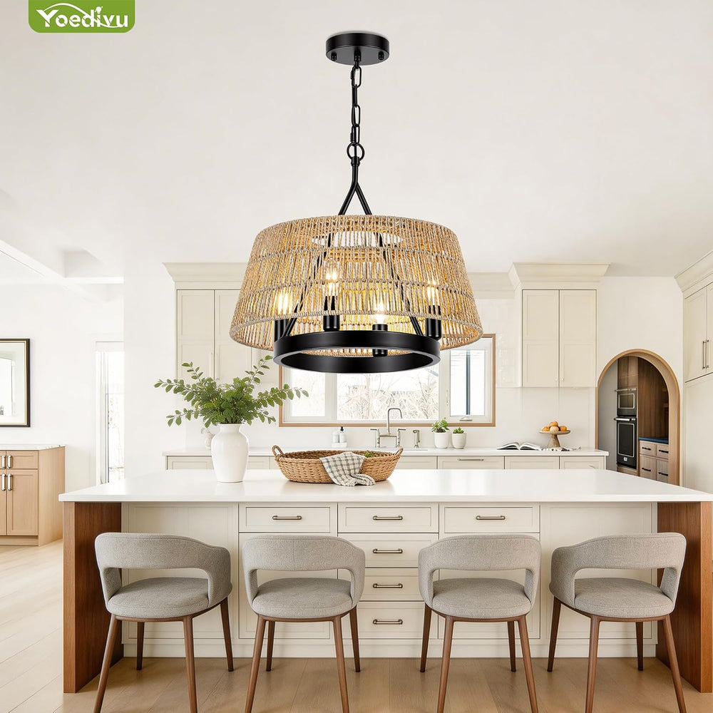18 Inch 4-Light Boho Rattan Chandelier, Hand Woven Farmhouse Chandelier Ratta...