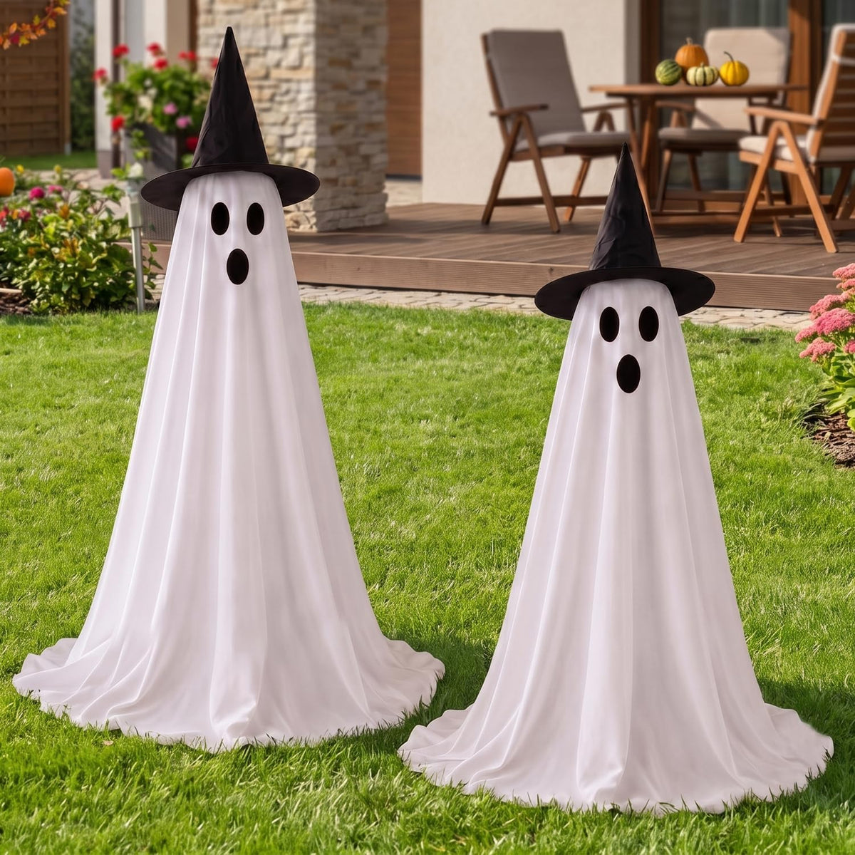 2 Packs 59” Halloween Decorations Outdoor, Spooky Light Up Ghost Indoor Decor with Remote Control, Adjustable Height Standing Ghost with String Lights Ideal for Porch, Garden, Yard
