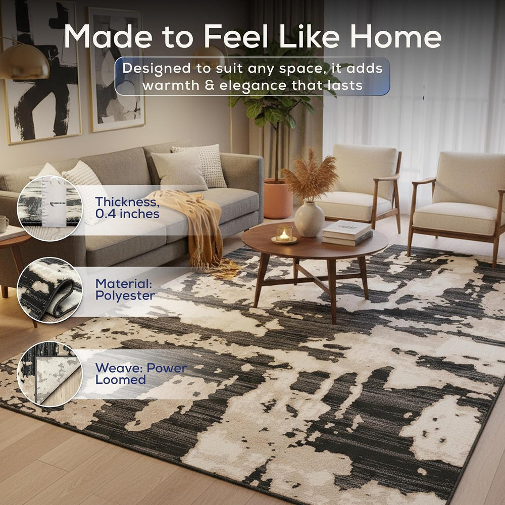 Abani Black and Cream Area Rug | 5' x 8' Tan and Beige Abstract Patte...