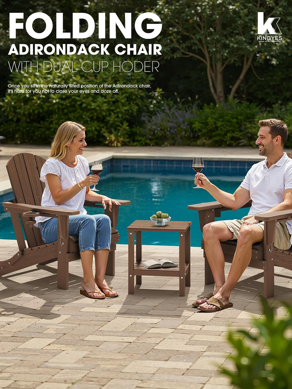 KINGYES Folding Adirondack Chair Set of 6 with 2 Cup Holders, Brown