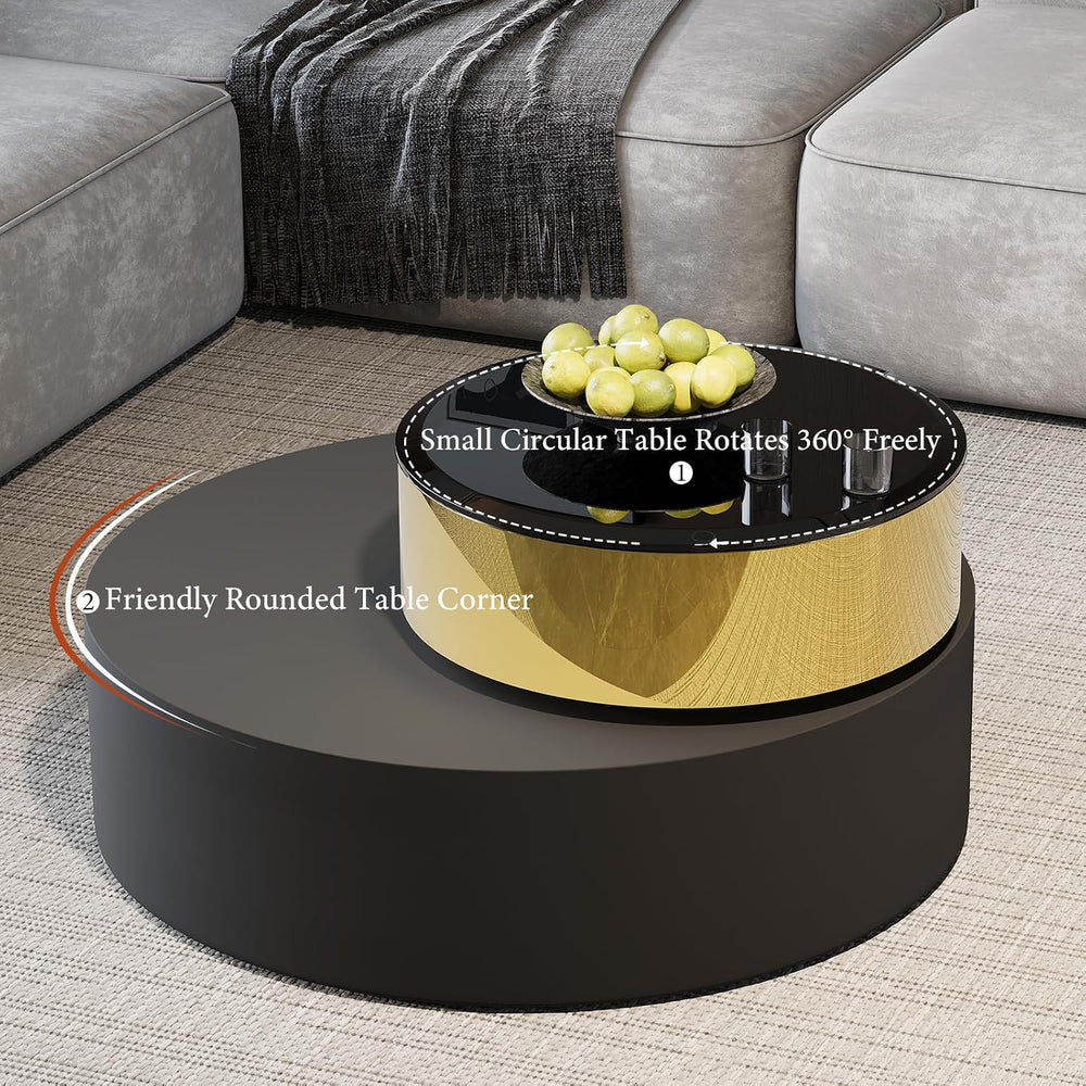 Asday Black Gold Round Swivel Coffee Table, 2 Tiers Rotating Center Table