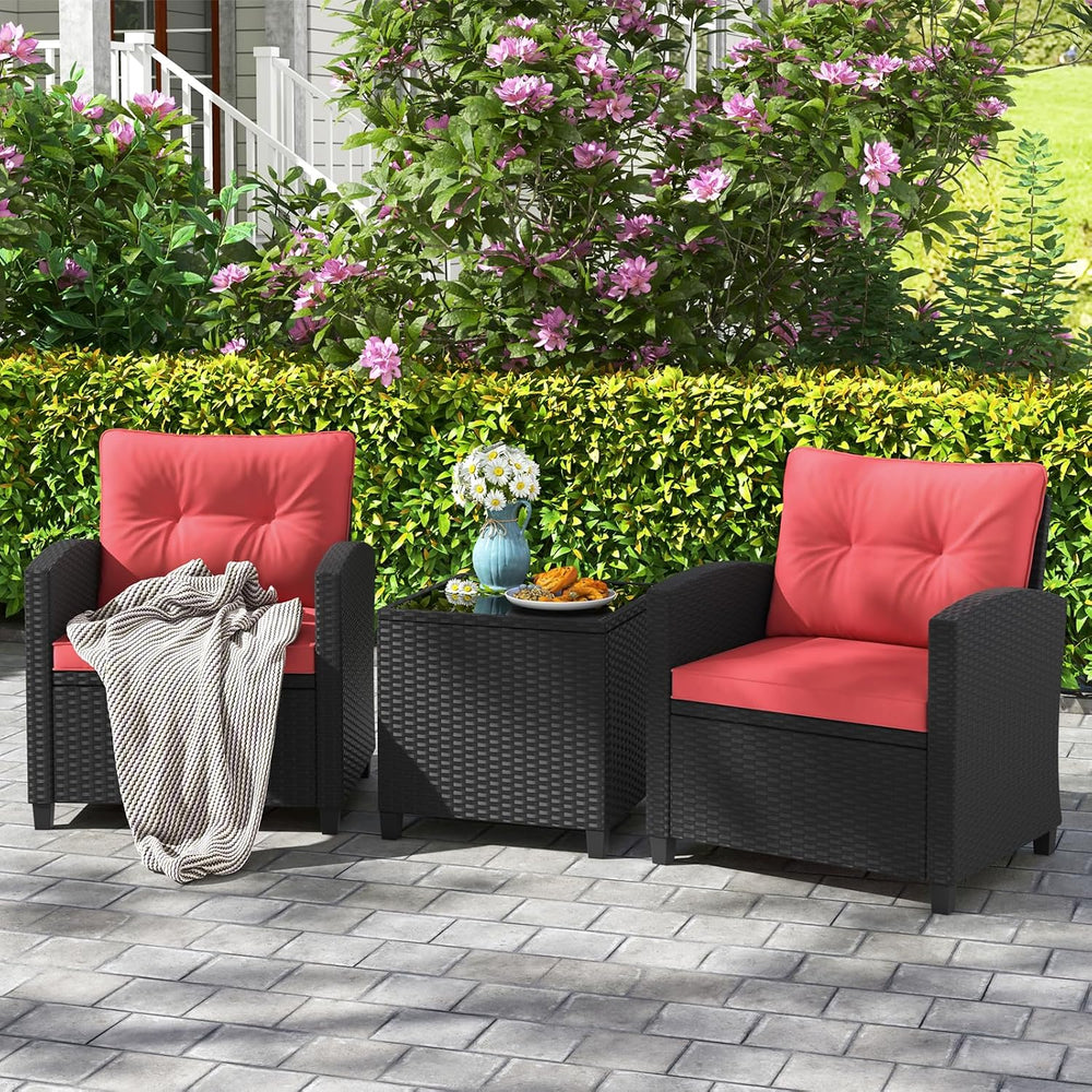 RELAX4LIFE 3-Piece Patio Furniture Set - Wicker Rattan Bistro Sofa Set w/Glas...