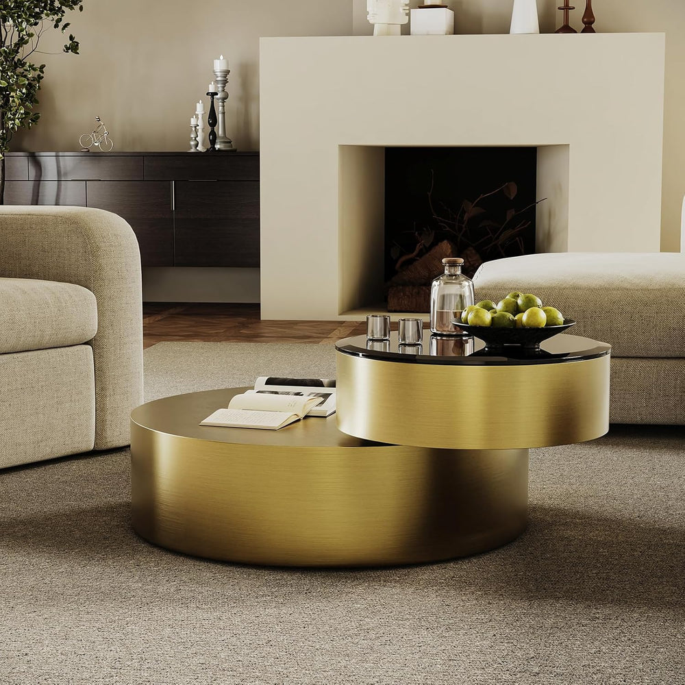 Brass Round Rotatable Top Coffee Table, 2 Tier Circle Coffee Table with 360° ...