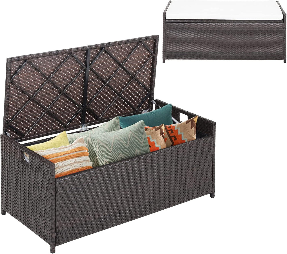 HAPPYGRILL 34 Gallon Patio Storage Bench Deck Box, 3-in-1 Rattan Wicker Stora...