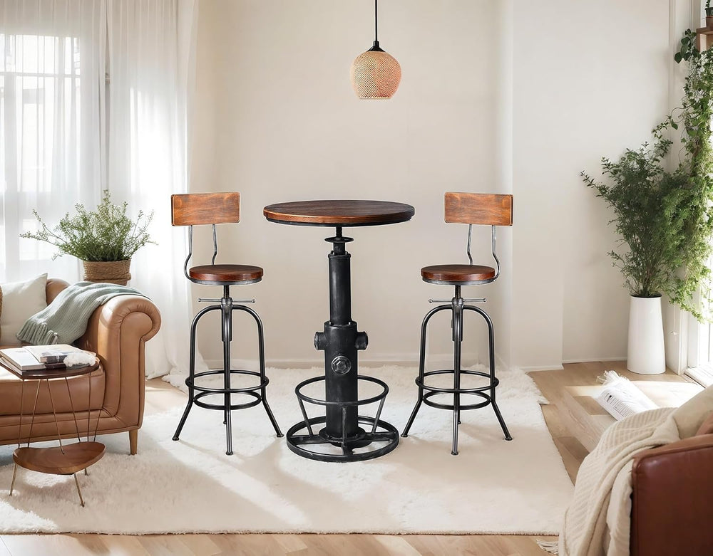 LOKKHAN 3-Piece Bar Table (38.6"-48.4") & 2 Backrest Stools (26...
