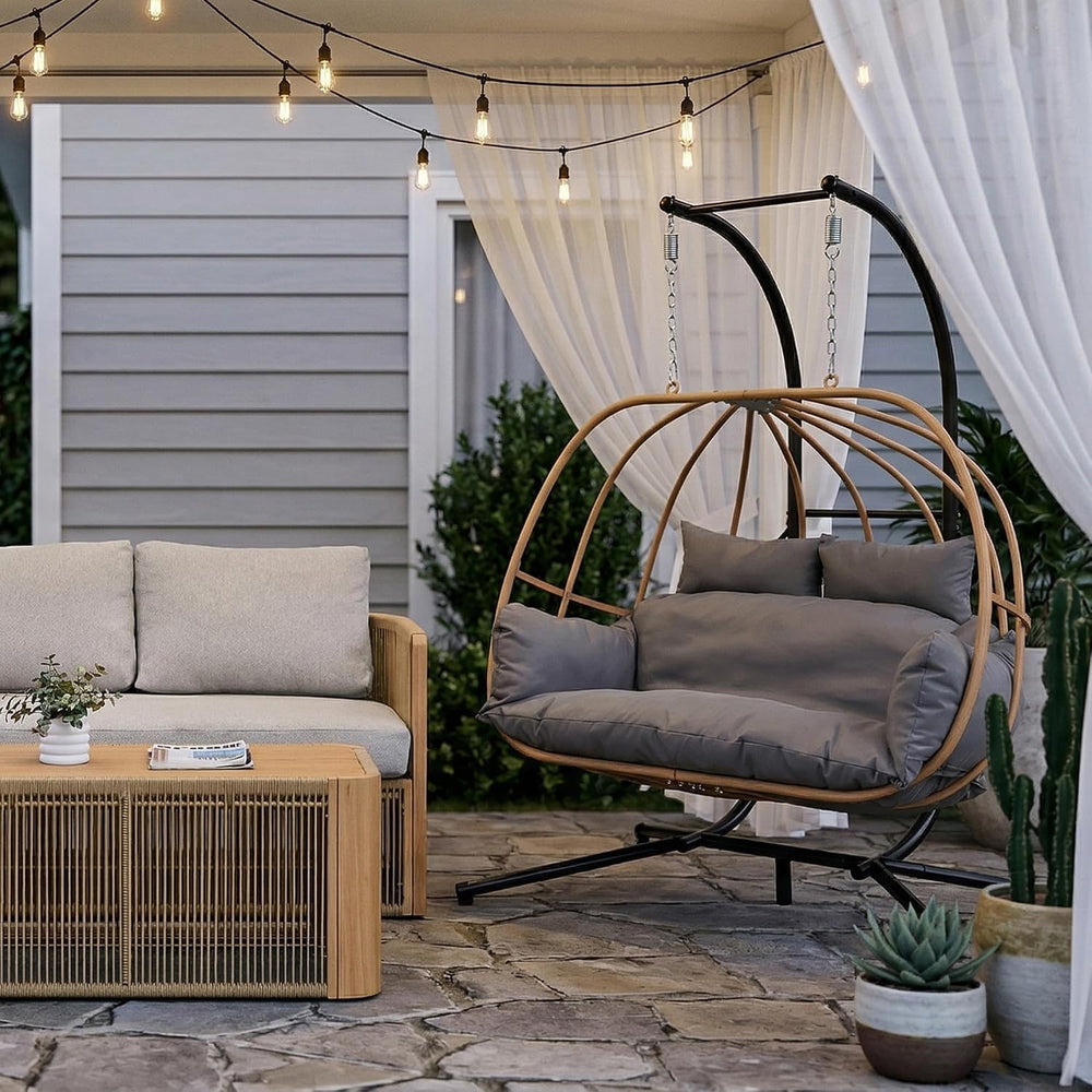 Double Egg Swing Chair Outdoor, 2 Person Egg Chair Outdoor with Cushions, Imi...